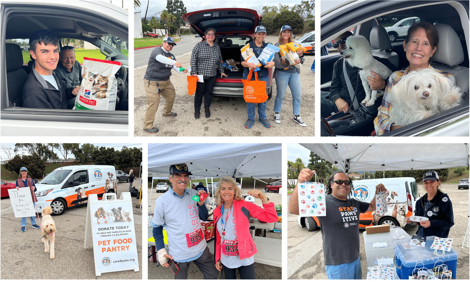 collage of C.A.R.E.Paws staff, volunteers, and donors collecting pet food donations and supplies