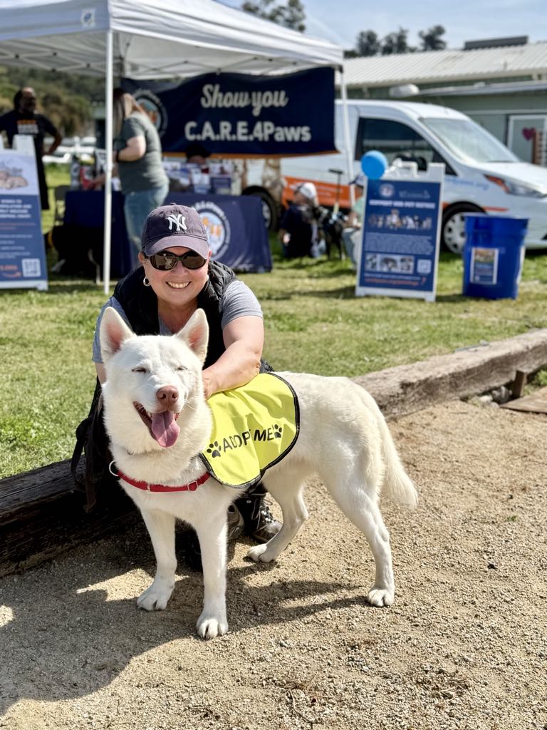 C.A.R.E.4Paws volunteer with adoptable dog Doogie