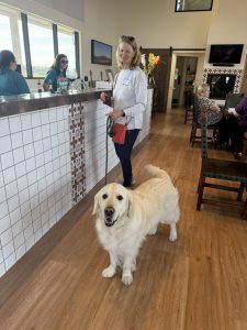 An attendee and her blond medium sized dog