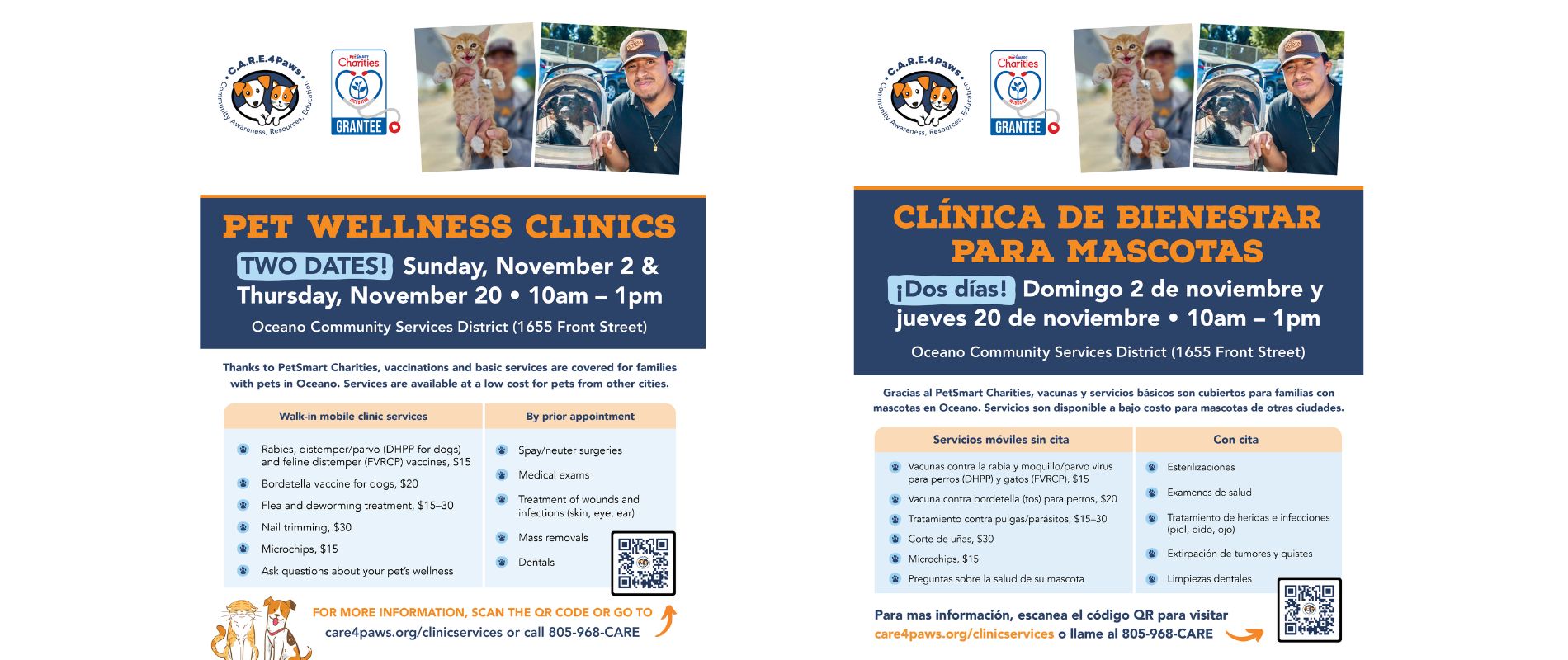 C.A.R.E.4Paws pet wellness clinic flyers for Oceano on November 2 and the 20th
