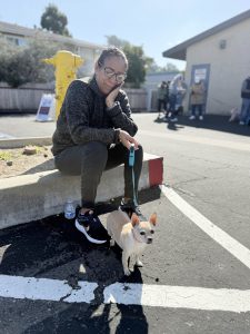 A lady looking lovingly at her small white dog on a blue leash