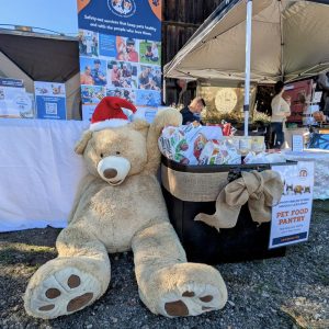Big teddy bear sitting at our donation station greeting guests