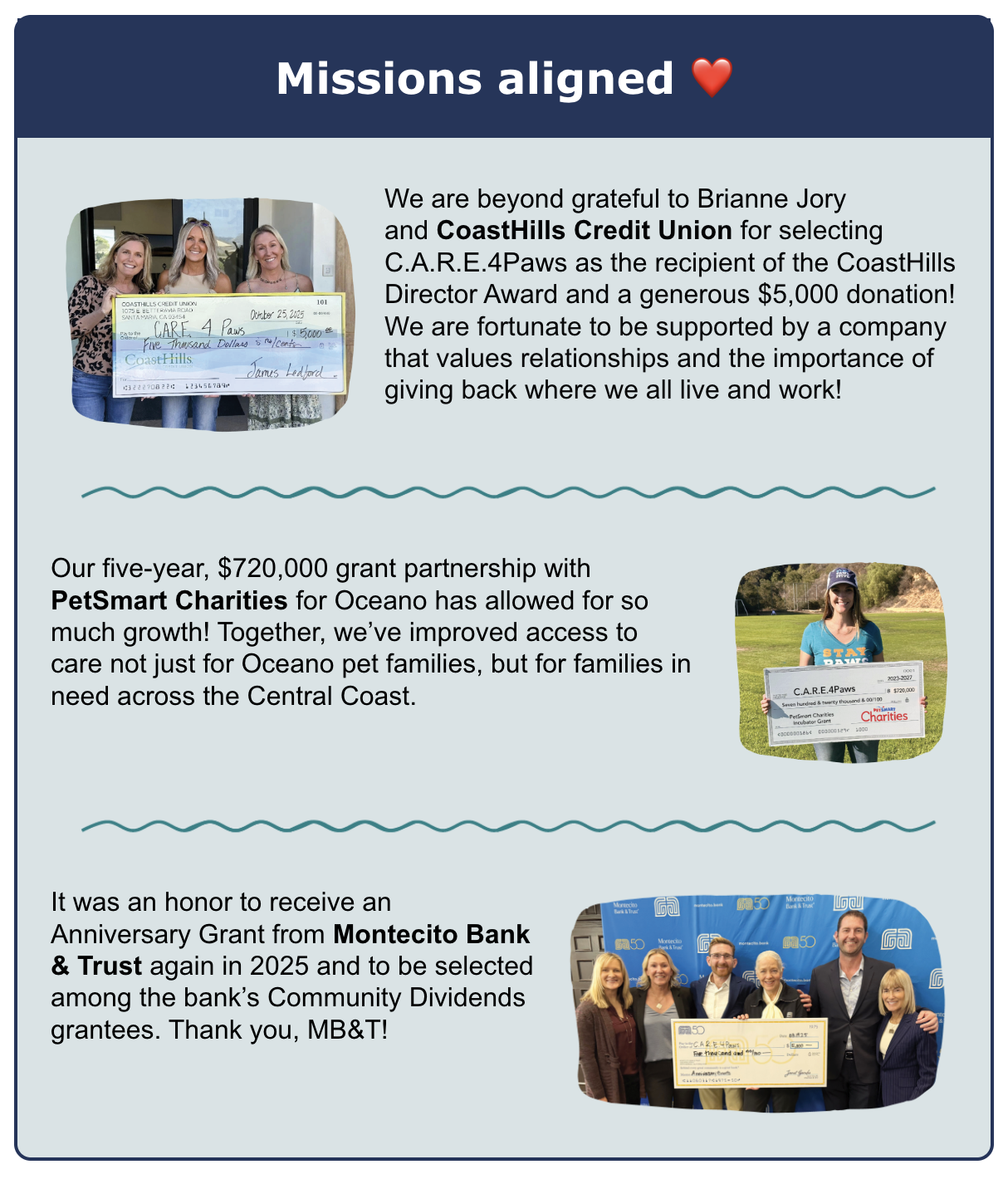 Missions aligned announcement in collaboration with CoastHills Credit Union, PetSmart Charities, Montecito Bank & Trust