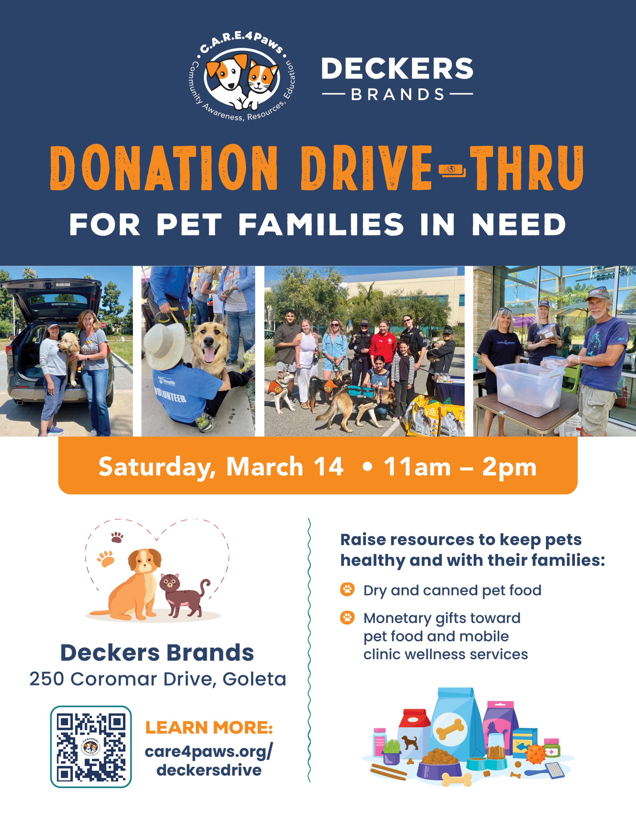 Flyer for our C.A.R.E.4Paws' Deckers pet food and supplies drive