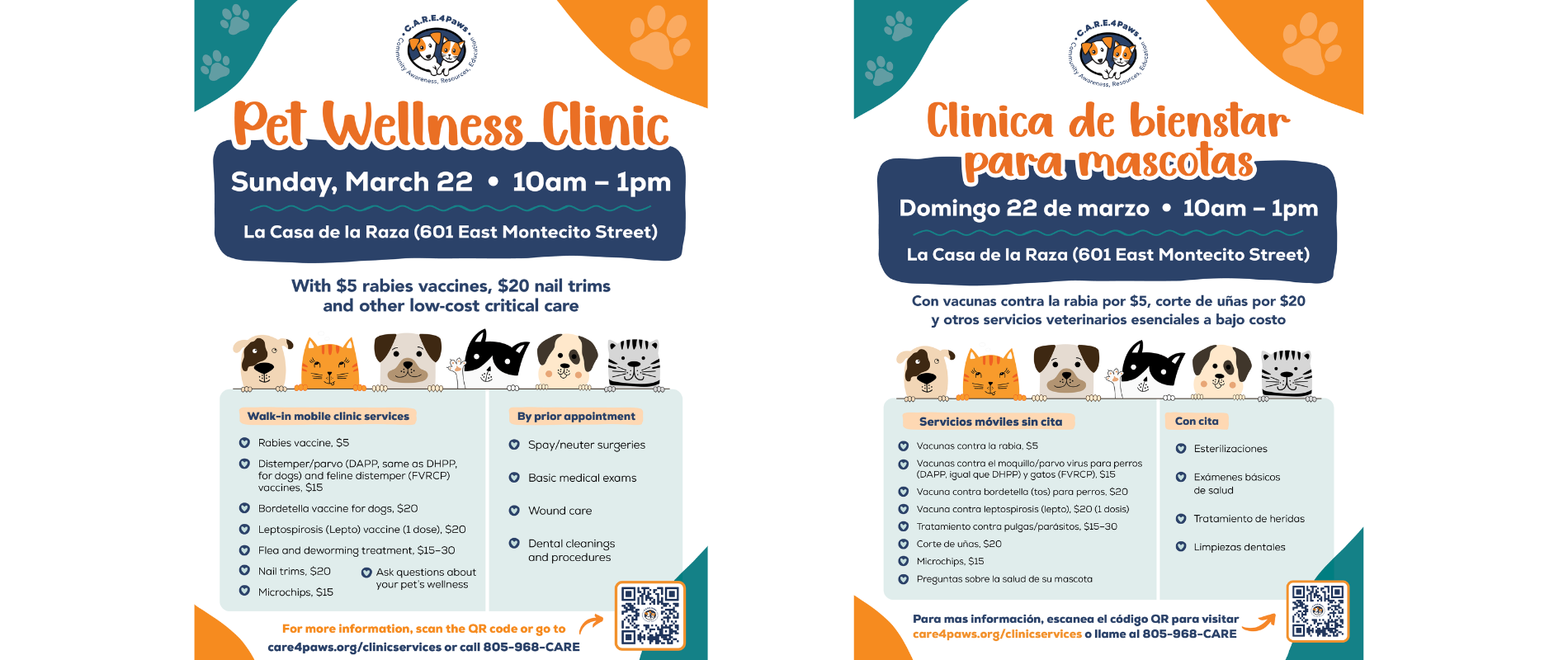 C.A.R.E.4Paws Pet Wellness Clinic flyer in Santa Barbara at Casa de la Raza