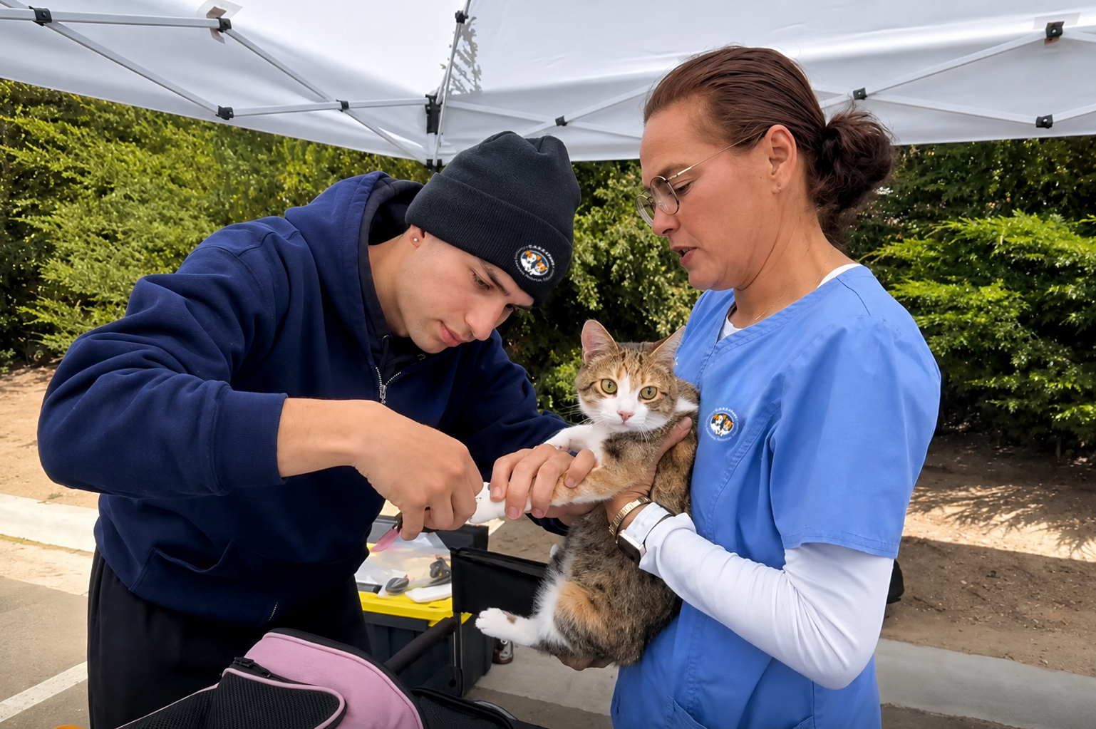 Clinic gently securing a cat to receive services