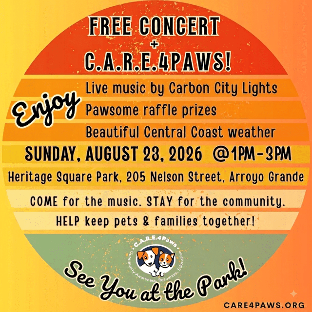 Flyer for C.A.R.E.4Paws Outreach Booth at the Arroyo Grande Summer Concert on August 23rd, 2026