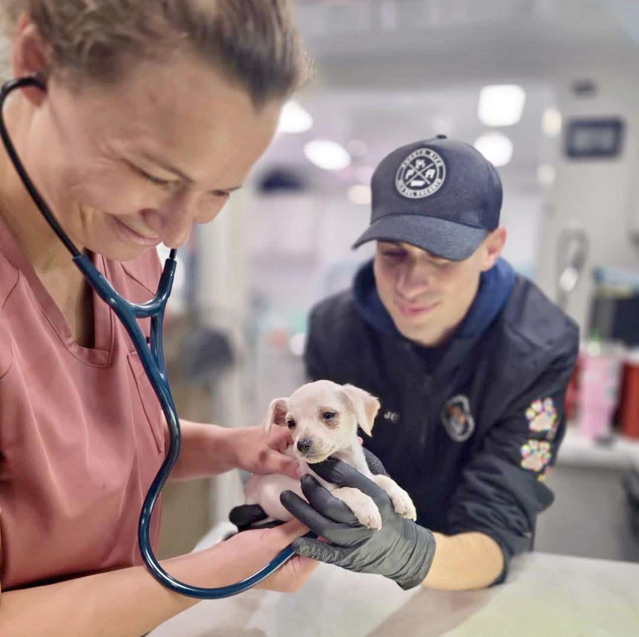 Dr. Gomes with JC, Pet Wellness Clinic Coordinator checking the health of a puppy