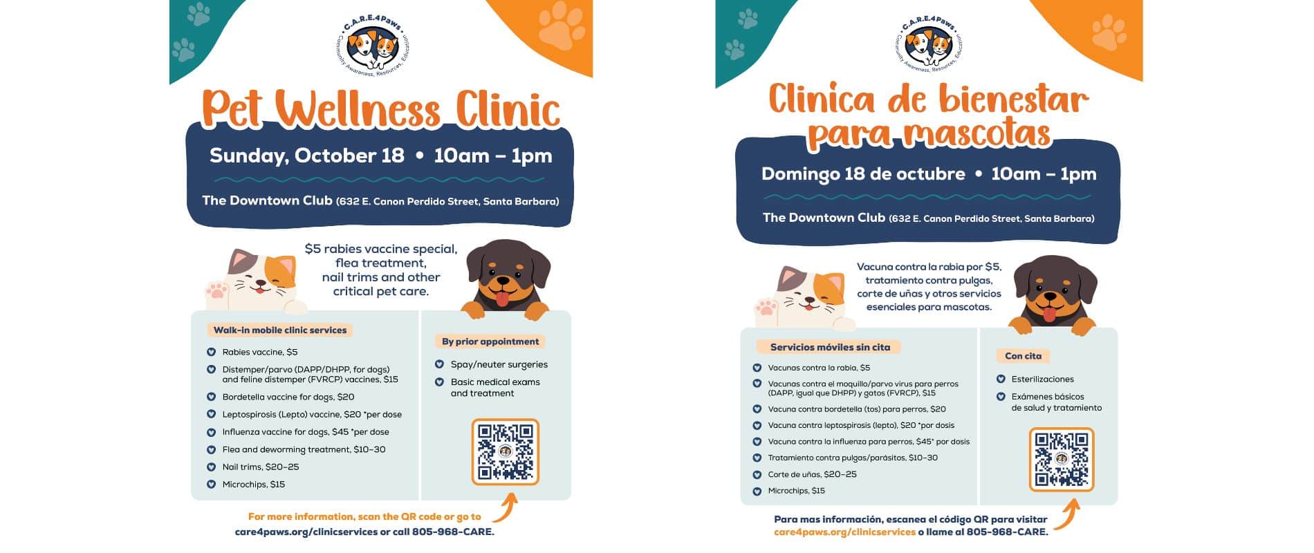 Mobile Clinic Pet Wellness flyer for The Downtown Club in Santa Barbara on Oct. 18
